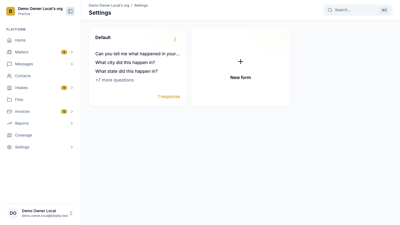 Intake Forms list in Settings showing the Default form and the New form CTA card.