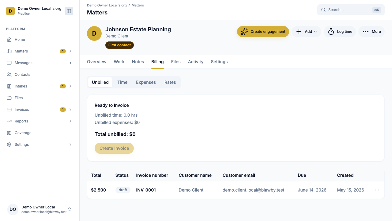 Billing tab with the Ready to Invoice unbilled summary card and Create Invoice CTA above the invoice list.