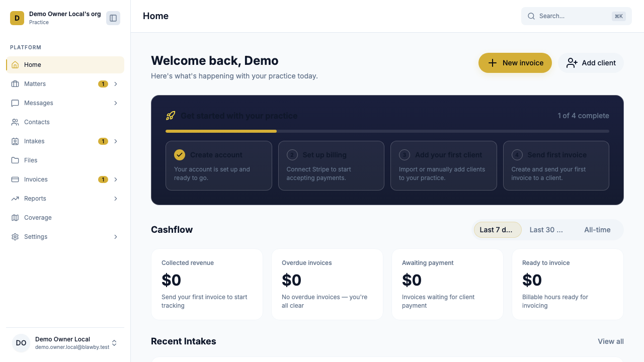 Practice dashboard after onboarding showing the Get-started progress card, Cashflow summary, recent intakes, and quick-action buttons.