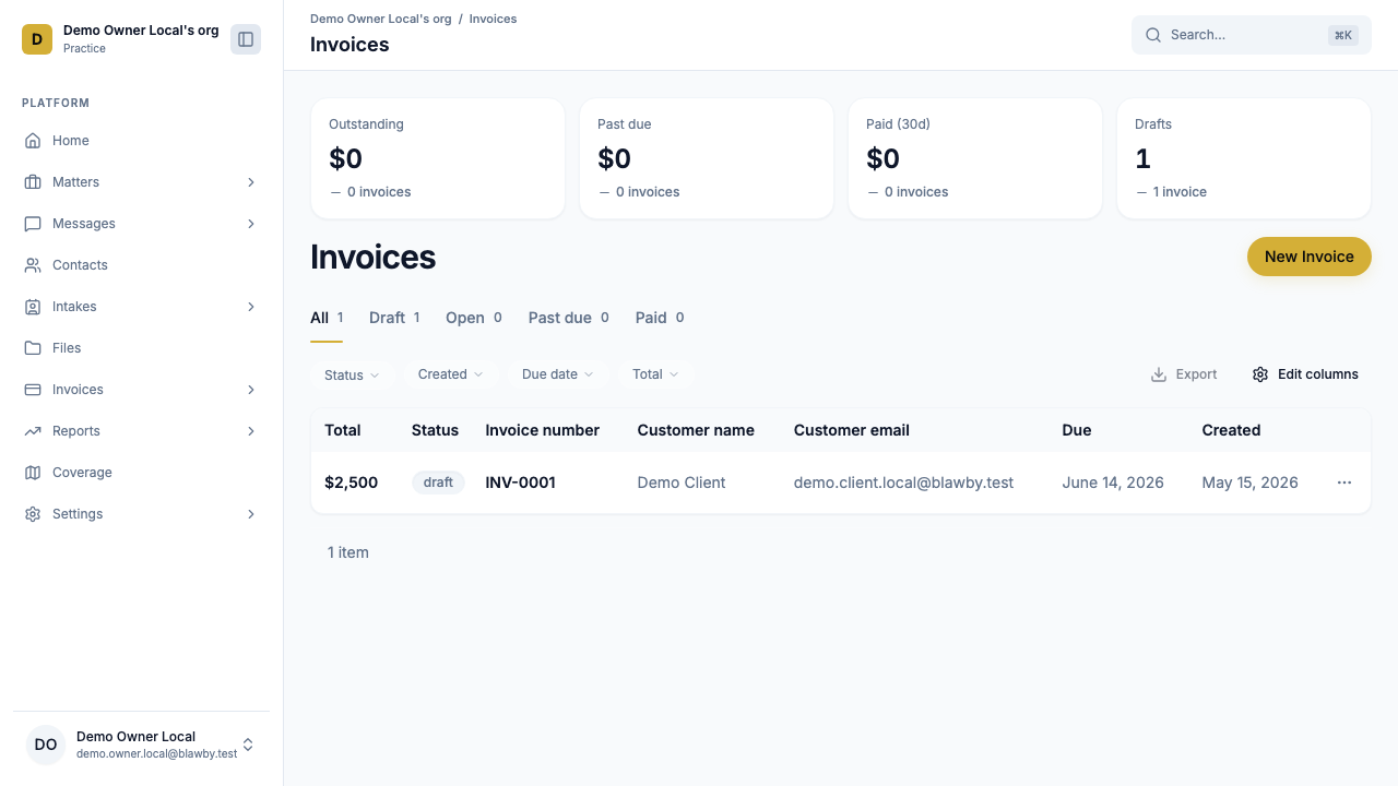Invoice edit view with line items on the left and a live PDF preview on the right, showing total due and bill-to details.