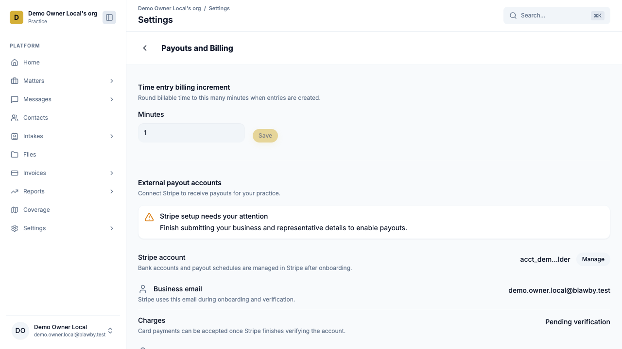 Settings → Payouts and Billing showing Stripe connected and ready with Charges and Payouts both enabled. Full video walkthrough coming soon.